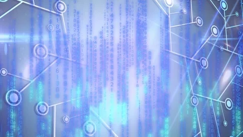 Streaming central vertical data column pulsing over holographic tech background, Stock Footage 333004418