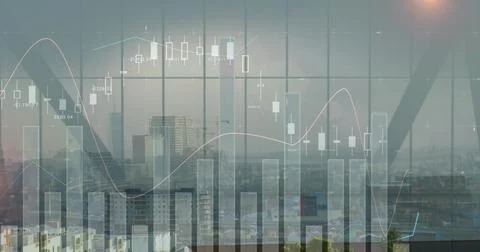 Streaming chart overlay through windows in office city skyline with candlestick 스톡 사진