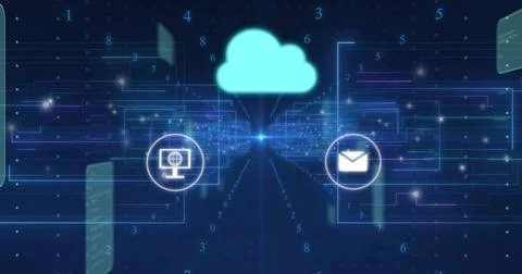 Streaming cloud icon sending data across digital network, with globe monitor and Stock Photos