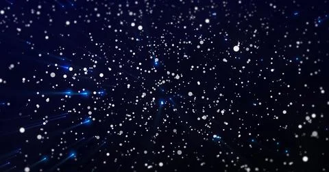 Streaming cluster of white particles with blue glowing dots in virtual space, Stock Photos