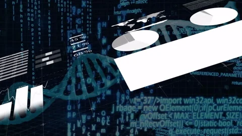 Streaming code activating 3D DNA helix rotation while rising bar charts and Video stock 311226748
