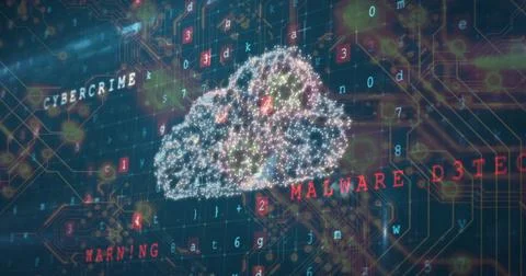 Streaming code around glowing cloud icon on screen showing CYBERCRIME or WARNING 库存照片