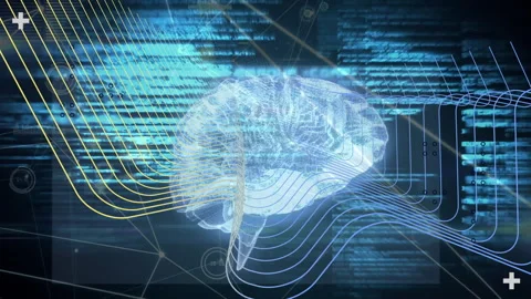 Streaming code behind 3D brain initiating waveforms flowing across rotating Stock Footage 312240818