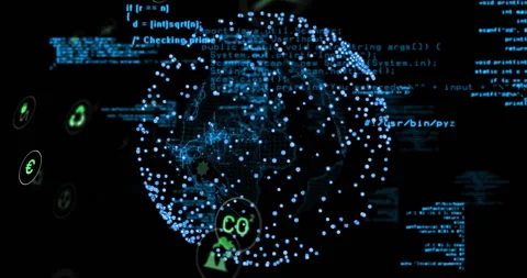 Streaming code driving rotating 3D globe pulsing factory turbine power icons Stock Footage 310325142