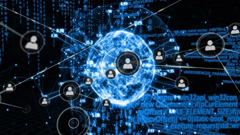 Streaming code launching wireframe globe forming in tech space, spawning nodes Stock Footage 314528109