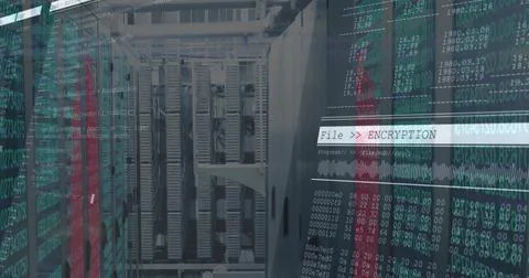 Streaming code overlaying central server racks in data center aisle, showing Foto stock