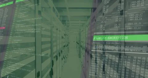 Streaming code overlays across data center corridor, showing server racks and Stock Photos