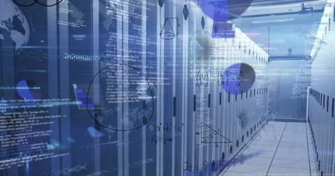 Streaming code overlays hovering over server racks in data center corridor, Foto stock