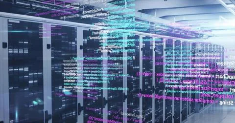 Streaming code overlays revealing LEDs on server racks in datacenter with patch Stock Photos