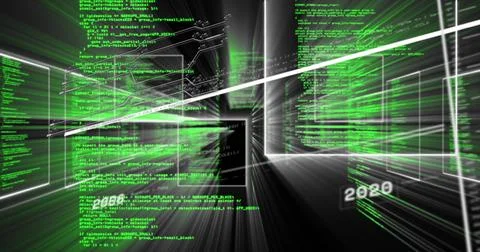 Streaming code panels and wireframes forming virtual data corridor, white Illustrazione stock