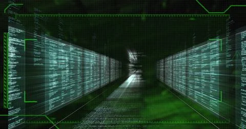 Streaming code panels receding into virtual corridor, with green HUD overlays 写真素材