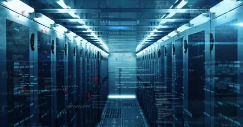 Streaming code projections along data center corridor, highlighting server racks Stockfoto's