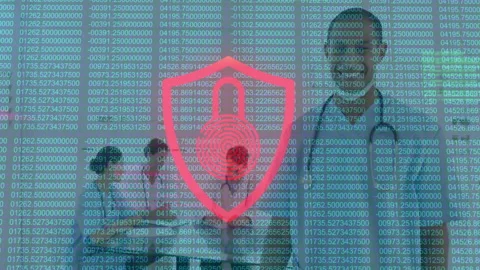 Streaming code pulsing shield showing fingerprint lock over medical team Video stock 310643408