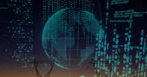 Streaming code shaping digital globe above transmission towers at dusk, with Stock Photos