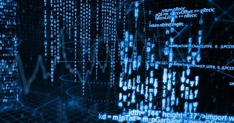 Streaming code snippets over grid floor, with alphanumeric streams forming Stock Photos