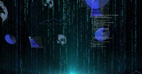 Streaming code streams flowing through data environment, with globe icons and 스톡 사진