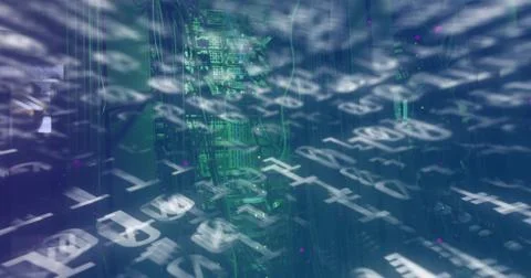 Streaming code symbols over rack with green-lit circuit boards and network Stock Illustration