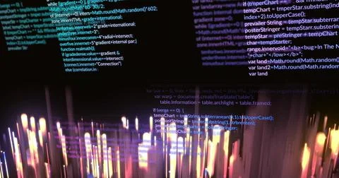 Streaming code text and glowing light columns filling center of dark cyber Stock Photos