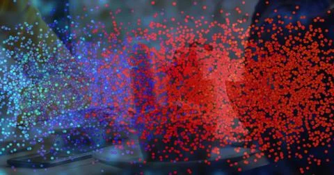 Streaming colored particle field drifting across workstation desk, showing Stock Illustration
