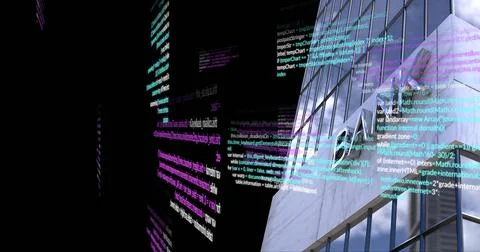 Streaming colorful code ribbons crossing glass facade at night, showing glowing Stockfoto's