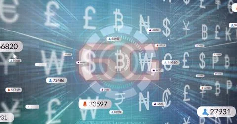 Streaming currency symbols and numeric tags around central Bitcoin HUD in grid, Stock Illustration