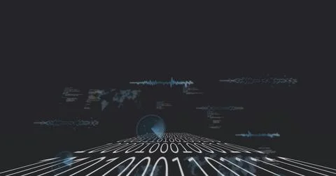 Streaming curved binary-digit plane stretching forward in cyberspace, showing Stock Illustration
