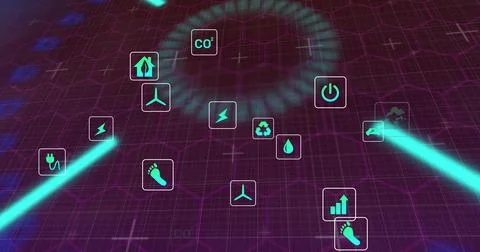 Streaming cyan beams driving rounded icons around central ring over magenta Stock Illustration