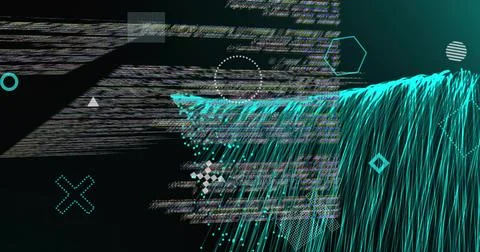 Streaming cyan cascade in cyber void, showing glitch bands, geometric icons, Foto stock