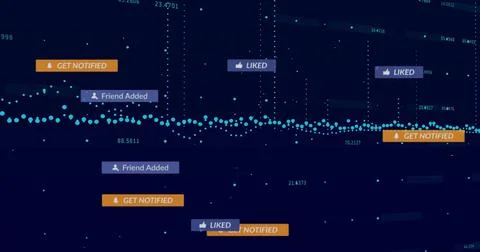 Streaming cyan data points across analytics dashboard, showing GET NOTIFIED,  イラスト素材