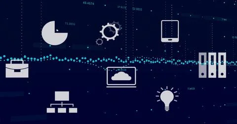 Streaming cyan data waveform across dark navy infographic, with laptop cloud, Illustrazione stock