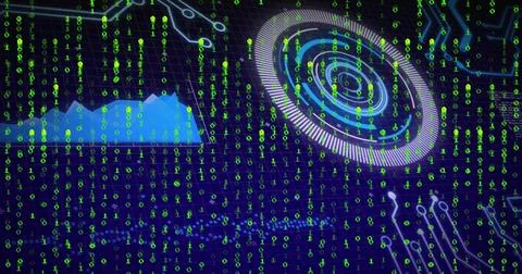 Streaming cyber dashboard on dark grid showing green binary, circuit traces, HUD Stock Illustration