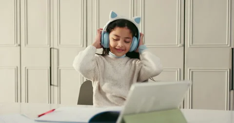 Streaming, dance and happy child with headphones, listening and audio playlist Stock Footage 316471963