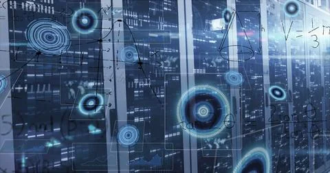 Streaming data analytics on glowing server cabinets in server room aisle, with Stock Photos