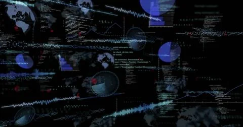 Streaming data cluster with code and charts animating on virtual dashboard, Stock Illustration