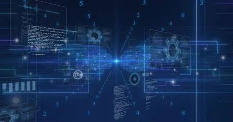 Streaming data conduit and HUD panels drawing user into virtual tunnel, with Stock Illustration