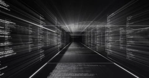 Streaming data corridor racing through virtual tunnel with code panels and Illustrazione stock