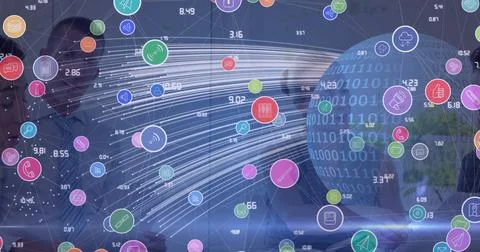 Streaming data display arcing across meeting room, with globe, smartphone, Stock Photos
