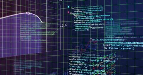 Streaming data display shifting in virtual dashboard, showing 3D grid, purple Illustrazione stock