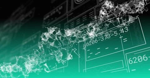 Streaming data driving wireframe network shifting on dashboard, showing lit Foto stock