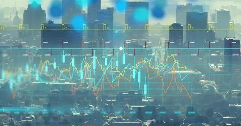 Streaming data feed overlaying city rooftops and towers, showing candlestick Stock Photos