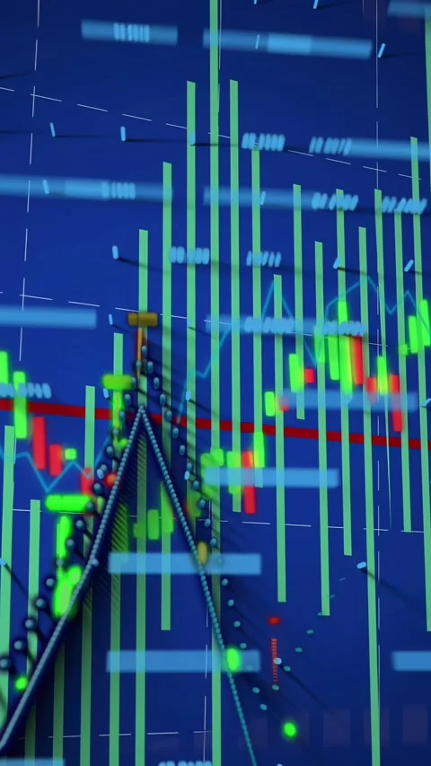 Streaming data feeding market chart candles changing volume bars pulsing node Stock Footage 332985355
