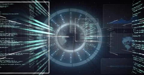 Streaming data hub handling teal streams in dark grid backdrop, with code, chart Illustrazione stock