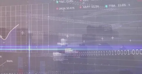 Streaming data HUD overlay occupying center over skyline, showing binary stream 库存照片