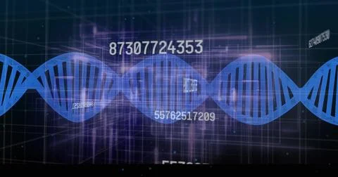 Streaming data initiating stylized blue DNA helix moving across dark grid, Foto stock