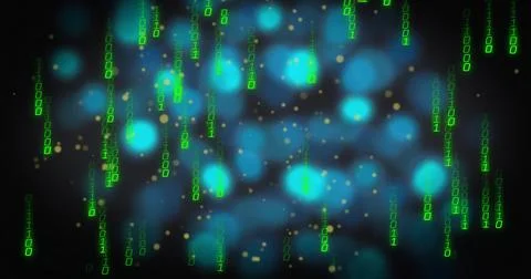 Streaming data over dark backdrop, showing vertical green binary streams, teal Stockillustratie