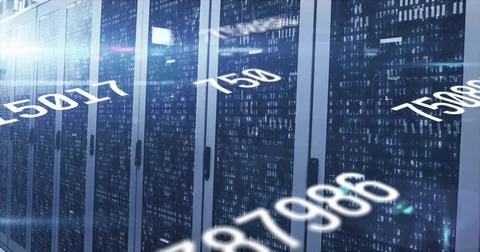 Streaming data overlays crossing data center aisle with server cabinets glass Stock Photos