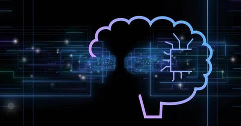 Streaming data panels converging toward stylized neon brain at right in network, Stock Illustration