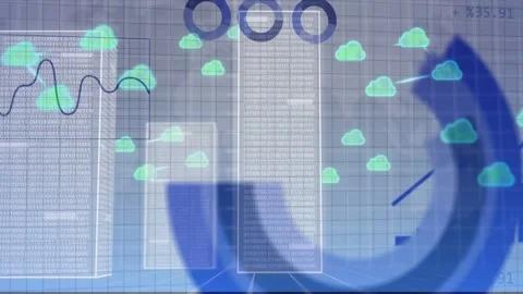 Streaming data starting panel, servers rising, clouds forming, trend line Stockbeeldmateriaal 335255318