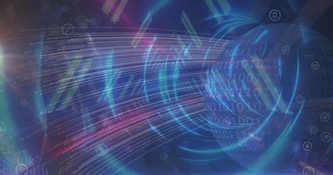 Streaming data streams to glowing sphere in network with binary code, network 库存照片