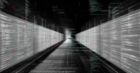 Streaming data tunnel moving through code corridor, with left or right panels, 写真素材